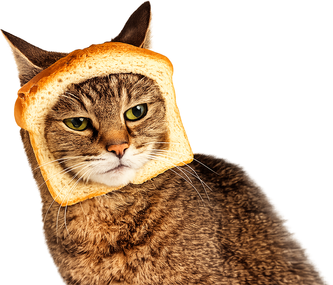 Bread Cat — a tabby cat with its face framed by a slice of bread